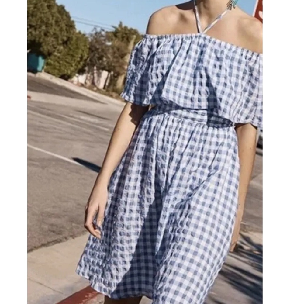 Anthropologie 11-1 Tylho, Kinsey’ Off-The-Shoulder Dress, 
Blue Gingham